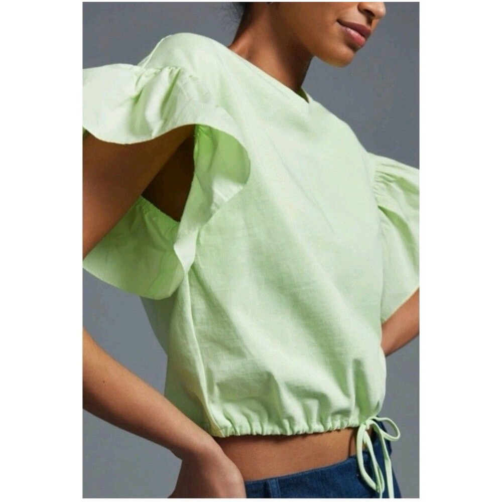 Maeve Anthropologie Womens Boho Flutter Sleeve Crop Top Size S Green Drawstring